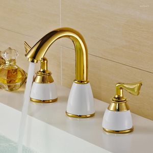 Banyo Lavabo Muslukları Havza Cilalı Altın Pirinç Modern Musluk Yaptı Çift Tutar 3 Delik Banyo Karşılıklı Musluklar