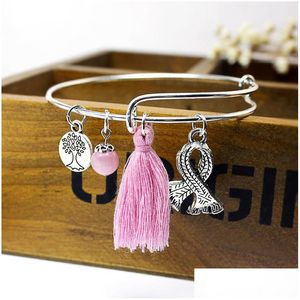 Bangła Breast Cancer Awareness Pink Ribbon Charm Bransoletka lub etniczne Sier Evil Turkish Eyes Hand Hand Expandable Drop Gelive Dhgarden Dhm5q
