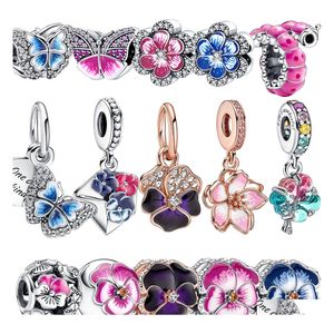 Charm Bracelets 925 Sterling Sier Colored Gemstone Pansy Flower Pendant Butterfly Glitter For Pandora Bracelet Girls Diy Jewelry Dro Dhqtb