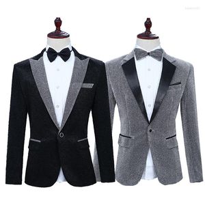 Ternos masculinos preto cinza brilhante seda mostrar terno blazer roupas de palco negócios festa de casamento outwear casaco jaqueta sl1682