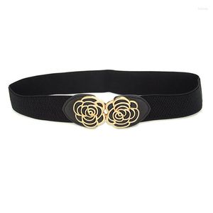 Belts Unique Flower Gold Buckle Stretch Belt Women Fashion Thin Metal Shiny Rose Female Jeans Dress Waistband 2023