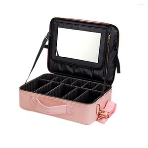 Cosmetic Bags Travel Vanity Bag With Mirror Makeup Train Box Adjustable Dividers Nail Polish Handbag Partition PU Case