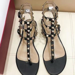 Brand Sandals for Summer Women Flat Heels Flip Flop Rivets Sandal Real Leather Nude Black Matte Three Belts Classics Woman Wedding Shoes with Dust Bag 34-44