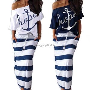 Two Piece Dress Summer Plus Size Elegant Vacation Leisure Two-pieces Suit Sets Ladies Boat Anchor Print T-Shirt Striped Skirt Sets S-3XL T230510