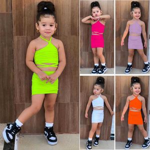 Kläderuppsättningar 2023 Summer Kids Clothes 2 Piece Criss Cross Halter Crop Tops+kjolar kostymer Bandage Neongröna kjolar för flickor 1-8y y23