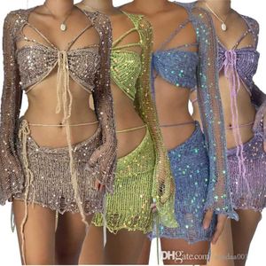 Frauen Pailletten Drei Stück Set Neue Perlen Gestrickte Kleid Bademode Plus Size Cut-out Sexy Bikini Frauen Elegante Badeanzug