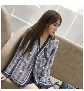 Damen Wollmischungen 2023 Langarm Koreanischer Stil Strickjacke Jacke Blaue und weiße Streifen Perlen Woll Basic Mantel Frauen Herbst WinterDamen