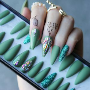 Falska naglar False Nails Olive Green Salon Stiletto False Nails Diy Crystal Glitter Fake Nails Full Set Press On Nails Custom Box Nails 24pcs 230509