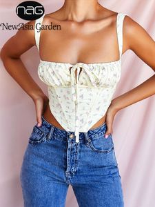 Kvinnors tankar Camis Asia Floral Corset Women Sweet Print Hollow Up Sexig skörd Topp Summer ärmlös Ruched Boning Bustier Casual Tank 230510