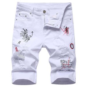 Shorts masculinos cartas masculinas bordadas de bordado de bordados de bordados de verão Brilhas rasgadas de jeans Slim Stretches Black White J230510