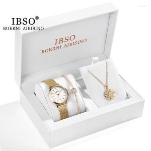 Нарученные часы ibso watch women fashion 2023 3pcs set роскошные золотые сетки из нержавеющей стали часы циркона