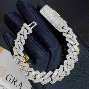 12mm 925 Solid Silver Iced Out Hip Hop Fire Shining smycken VVS Baguette Moissanite Cubanlink Chain Miami Armband