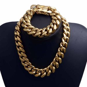 Chains 22mm Stainless Steel Miami Curb Cuban Chain Necklace Boys Men Gold Color Hip Hop Dragon Lock Clasp Top Jewelry 18 K Bracelet