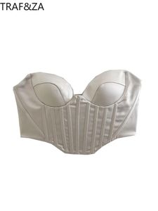 Magliette e camicette TRAF ZA 2022 Donne di Modo di Estate Sexy Chic Corsetto In Raso di Seta Corta Magliette e camicette Vintage Backless Partywear Stile Parte Superiore Del Tubo