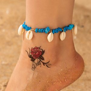 Bohemian Blue Irregular Stone Shell Beads Single Layer Anklet Women Summer Beach Ankle Bracelets Barefoot Jewelry