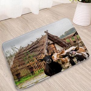 Bath Mats Farm Animals Funny Cow Mat Retro Farmhouse Cattle Rural Nature Scenery Home Room Bathroom Decor Anti-Slip Rug Pad