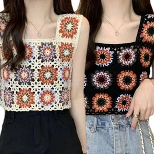 Camisoles Tanks Q1FA Damen Strickhäkelarbeit Buntes geometrisches Blumen-Miniweste Ärmelloses, bauchfreies Tanktop mit quadratischem Ausschnitt Strandurlaubs-Unterhemd 230510