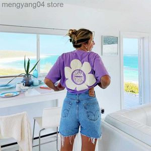 T-shirt da donna Donna The Beach Club T-shirt in cotone viola chiaro stampato Manica corta Girocollo allentato Top estivo Tumblr T-shirt estetica vintage T230510