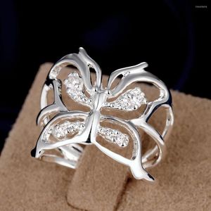 Cluster Rings Charm 925 Stamp Silver Color Crystal Butterfly Ring for Women Justerbar mode Retro Bröllopsfest Lyxiga smycken