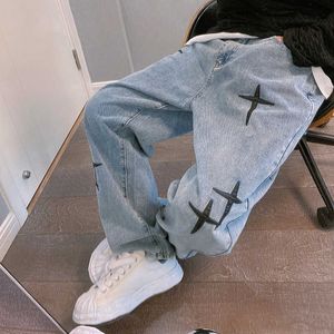 Jeans masculinos jeans jeans 2022 Novo estilo de rua de rua largura jeans larga draxas de moda coreana
