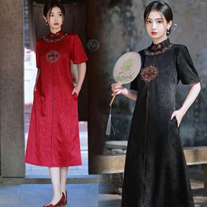 Ethnic Clothing 2023 Spring And Summer Imitation Silk Medium Length Meat Cove Version Black Embroidery Improved Cheongsam Skirt Female