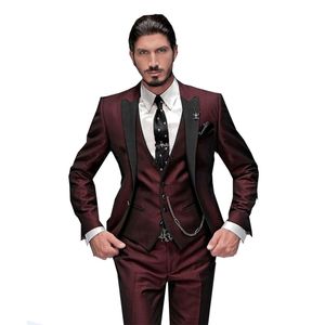 Mężczyzny Blazers Jas Pria Slim Fit 3 -częściowy Burgundy Tuxedo Gentle Jas Pernikahan Notch Lapel Groom Terno Jaket Celana Rompi 230509