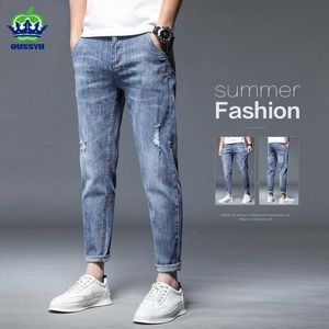 Męskie dżinsy wysokiej jakości marka letnia rozciągliwa bawełna z dziurami męskie dżinsy do kostek cienka moda uliczna Design spodnie dżinsowe Korea spodnie typu Casual Z0508