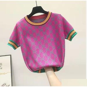 Women'S Knits Tees New Korean Short Sleeve Women Sweaters Summer Elegant O Neck Beading Flower Knitted Tops Female Plover Jum Dhtov