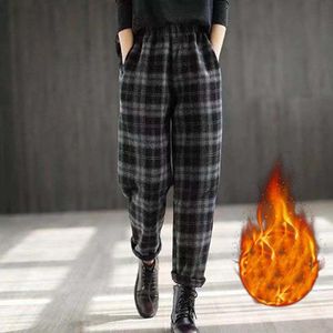 Capris Rimocy Winter Thashen Black White Plaid Pants Women New Warm Velvet Harem Pantalones女性カジュアルルーズストレートズボン女性