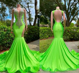 Green Burgundy Mermaid Evening Dresses for Women Beaded Crystals Rhinestone Deep V Neck Sweep Train Formal Birthday Celebrity Pageant Party Prom Gowns