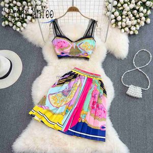 Tvådelad klänning 2022 Sommar Tvåbit Set Women's Suit Printed Beach Outfits For Woman 2 Pieces Crop Top High midje veckade kjol Sexiga kläder T230510