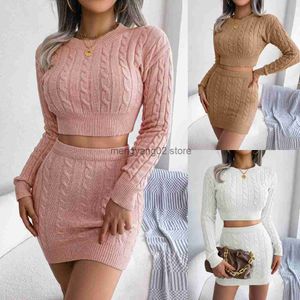 Two Piece Dress Autumn Winter Leisure Fried Dough Twist Navel Sweater Buttock Skirt Knitted Suits Women's Simple And Casual Sweater Suit Skirts T230510