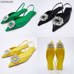 Sandaler Fashion Brand Crystal Buckle Sandal Shoes Flat Heel Pointed Toe Slingback Slip On Mules Yellow Dress Pumps 230316