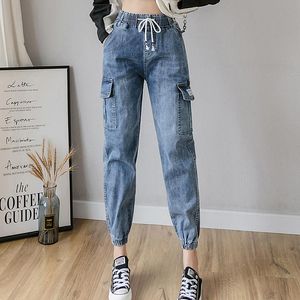 Jeans hög midja last jeans kvinna streetwear blå mamma jeans damer kvinnor fickor denim byxor lösa jeans mujer