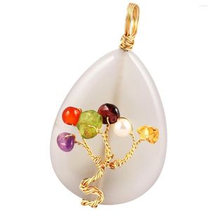 Pendant Necklaces Water Drop Shape Agate Stone Handmade Golden Wire Wrapped Tree Of Life Charms For Women Jewelry Making DIY Necklace