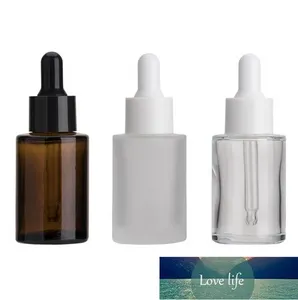 presa di fabbrica Bottiglia di vetro Spalla piatta Smerigliato / Trasparente / Ambra Bottiglie di siero di olio essenziale rotonde con bicchieri Contagocce Bottiglie da viaggio cosmetiche 30ML