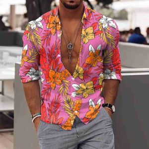 Camisas casuais masculinas estampas florais rosa homens gola girated shirt shirt de manga longa tops masculos roupas sociais baile party cardigan y23