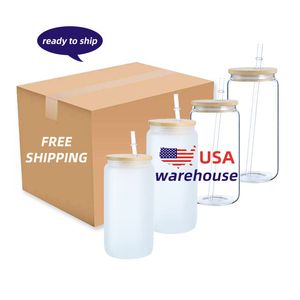 USA Warehouse 16oz Clear Frosted Glass Sublimation espacios en blanco Tumbler Glass Can Tazas con tapa de bambú y pajita