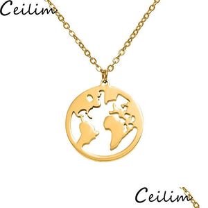 Pendant Necklaces Stainless Steel World Map Necklace Women Men Gold Chains Sier Rose Globe Travel Jewelry Gift Drop Delivery Dhgarden Dhqvi