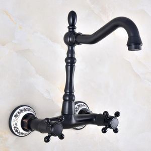 Kitchen Faucets Wash Basin Faucet Black Brass Double Handle Dual Hole Wall Mounted Bathroom Sink Cold And Water Mixer Tap Dnf815