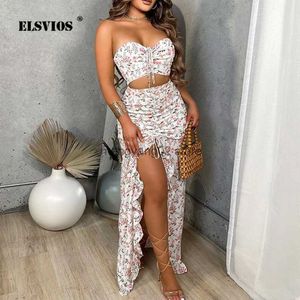 Vestido de duas peças primavera se sexy envolta no ombro e dobra abaixamento de saia longa, senhoras elegantes conjunto de impressão floral 2 peças conjunto T230510