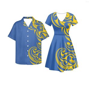 Casual Dresses Polynesian Tribal Pohnpei Totem Tattoo Blue Prints Couple Clothes Suits Women Dress Matching Men Shirt For Party Clothing