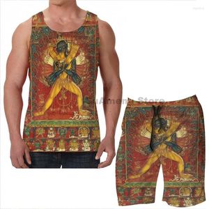 Herrespår sommar roliga tryck män tank tops kvinnor buddhist gud Kalachakra strand shorts set fitness väst