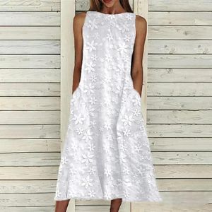 Casual Dresses Boho For Women 2023 Sommar ärmlös spetsblomma Crew Neck White Midi Dress Loos Swing Sundress