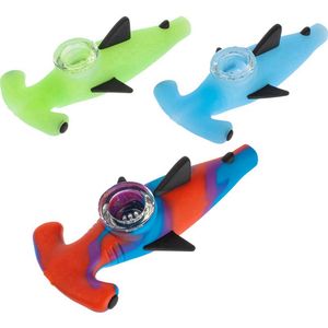 Latest Colorful Portable Silicone Pipes Shark Style Removable Glass Metal Filter Bowl Dry Herb Tobacco Cigarette Holder Hookah Waterpipe Bong Smoking DHL