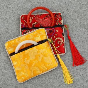 Gift Wrap Custom Silk Brocade Cloth Small Zipper Pouch Ethnic Dragon Bags Wholesale Tassel Coin Purses For Women 50pcs /lot