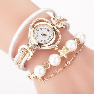 Armbanduhren Damen-Armbanduhren mit Perlenanhänger, luxuriöse Damen-Leder-Quarz-Strassuhr, relogio feminino