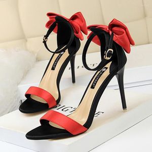 Dress Shoes 68-1 Fashion Sweet High Heels Women's With Thin Silk Color Matching Bow Sandals Back