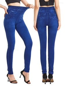 Leggings femininas ljcuiyao cores puras jeggings azul cintura alta jeans falsos esportes elásticos de ioga ao ar livre