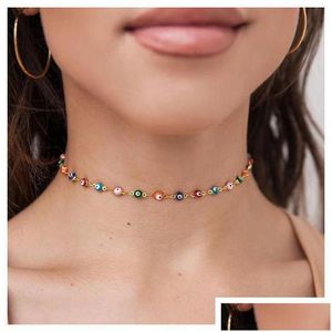 Chokers Classic Fashion Femme Gold Color Clavicle Chain Short Necklaces Enamel Turkish Evil Eye Pendant Necklace Bijoux For Women Dr Dh9Be